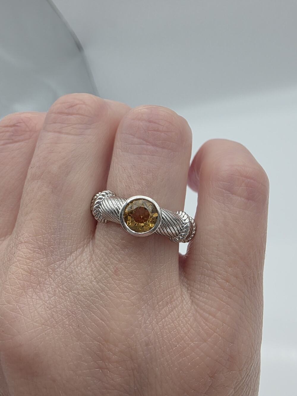 Judith Ripka Sterling Silver 925 Round Citrine Solitaire Cable Ring Size 7